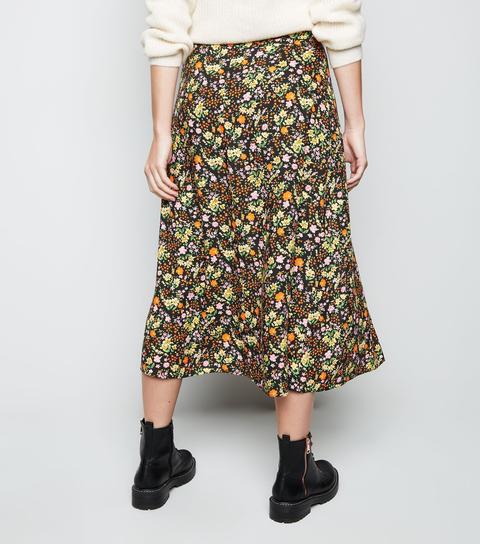 Black Ditsy Floral Midi Skirt New Look