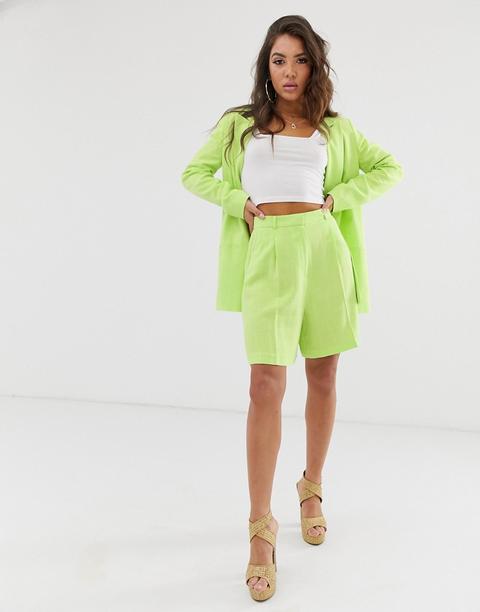 Asos Design - Mom Shorts Da Abito In Lino Verde Lime Fluo - Verde