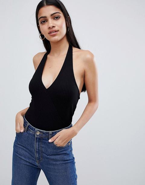 Asos Design - Top A Portafoglio Nero A Coste Allacciato Al Collo - Nero