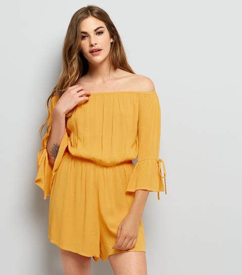 Yellow Tie 3/4 Sleeve Bardot Neck Playsuit