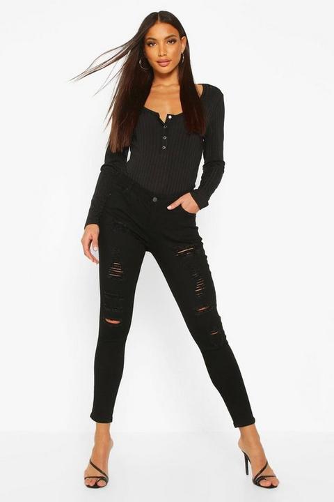 Womens Low Rise Heavy Ripped Skinny Jeans - Black - 6, Black