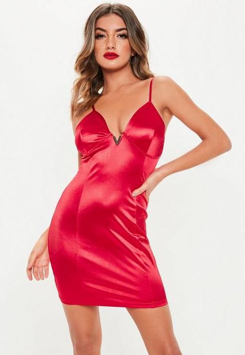 Red Satin Bust Cup Bodycon Mini Dress, Red