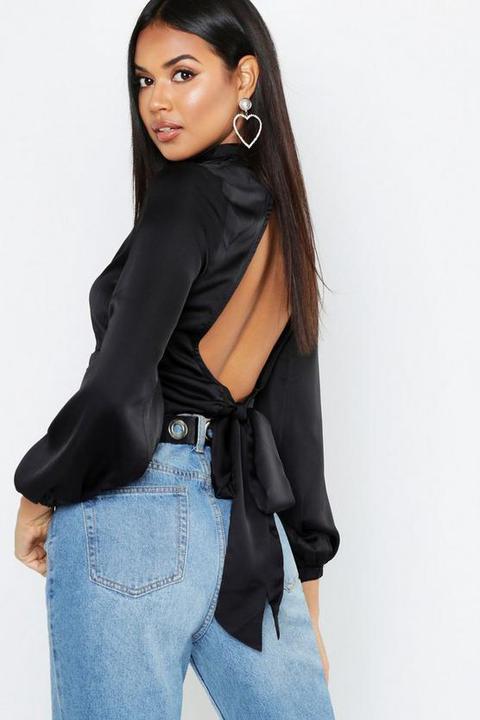 Premium Ruched Detail Satin Open Back Crop