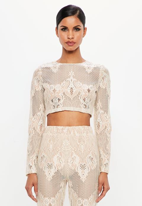 Peace + Love Nude Lace Long Sleeve Crop Top