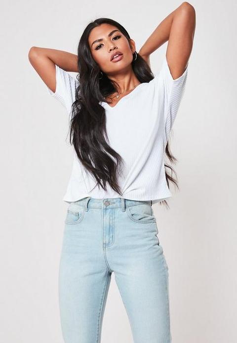 White Rib V Neck Oversized Boyfriend T Shirt, White