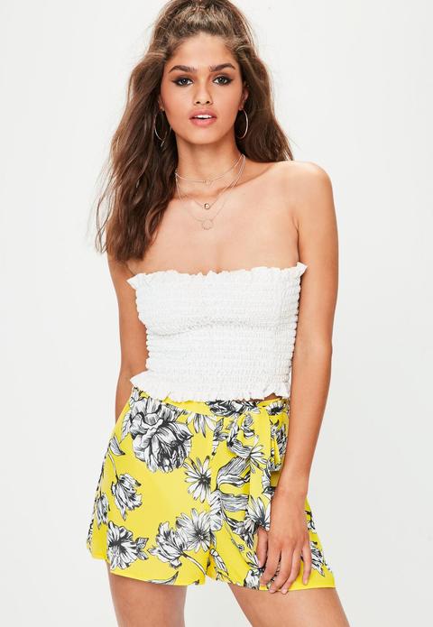 Yellow Floral Print Tie Waist Shorts