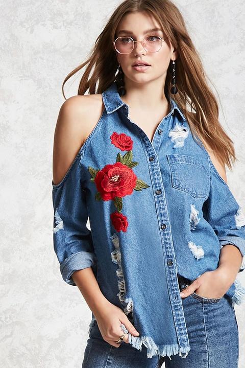 Denim Floral Applique Shirt