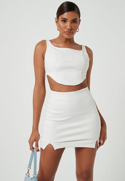 White Mock Croc Faux Leather Corset Crop Top, White