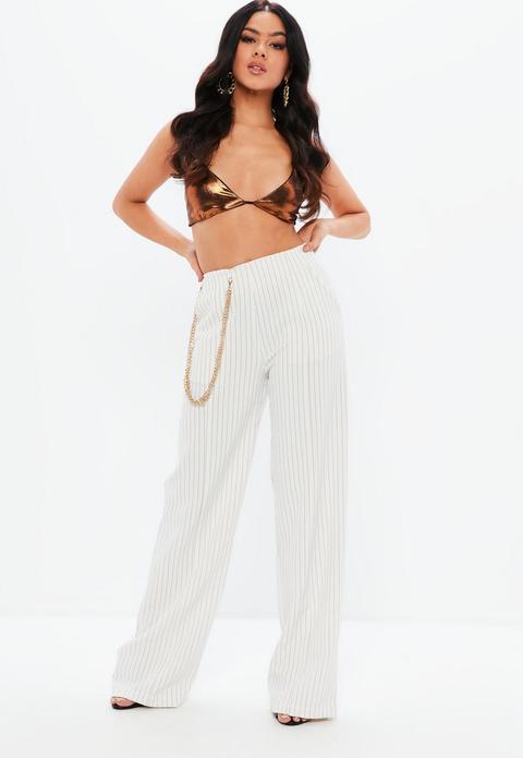 Madison Beer X Missguided White Pinstripe Gold Chain Wide Leg Trousers, White