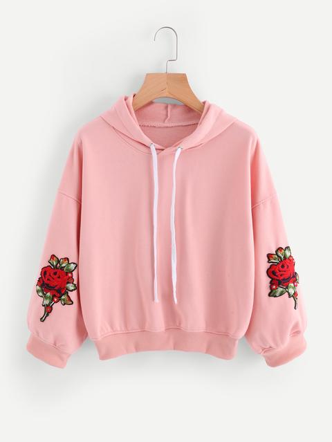 Drop Shoulder Rose Embroidered Applique Hoodie