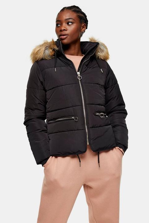 Black Faux Fur Hooded Padded Puffer, Navy Blue Puffer Coat With Fur Hood