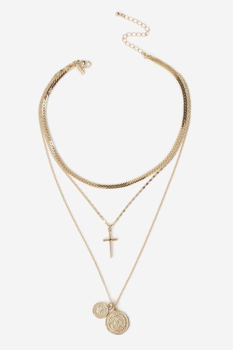 Womens **coin And Cross Multi-row Necklace - Gold, Gold