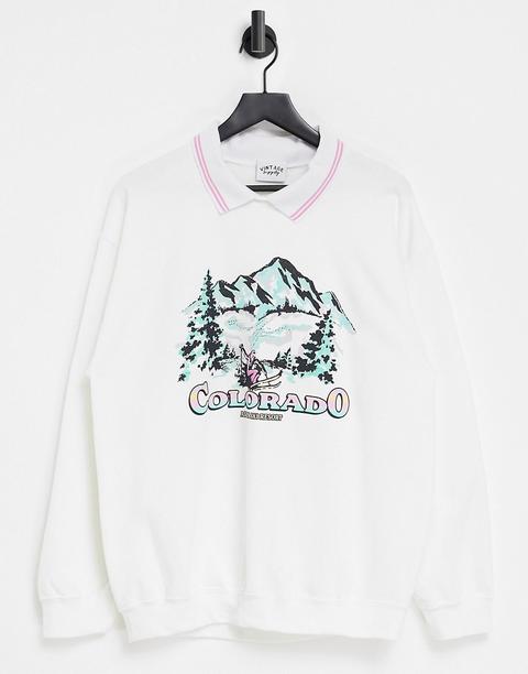 Vintage Supply Oversized Sweatshirt With Ski Graphic And Contrast Rib Collar-white