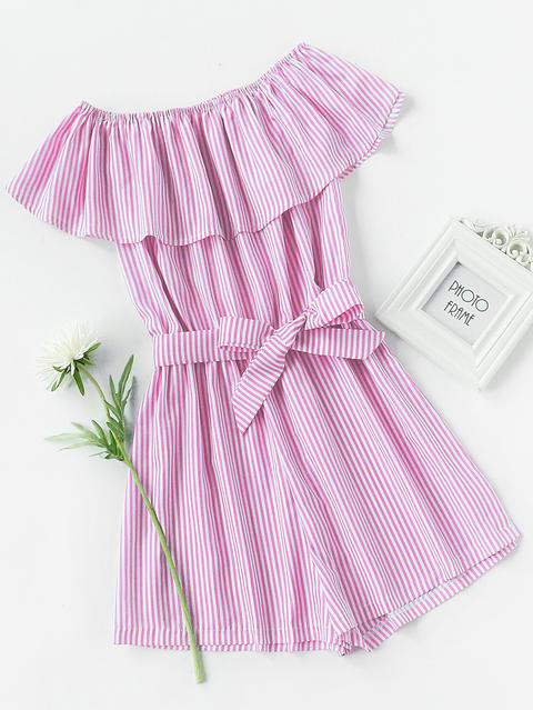 Frill Layered Self Tie Vertical Striped Romper