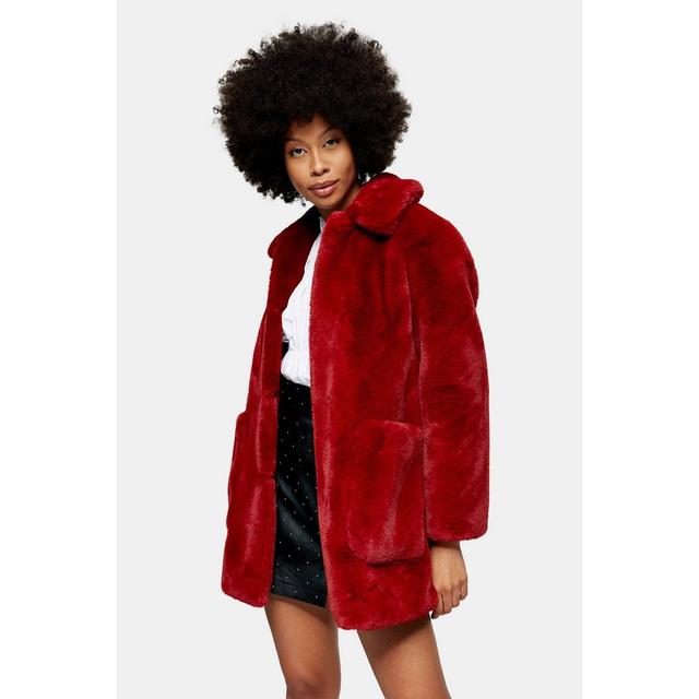 Deep Red Velvet Faux Fur Coat From, Red Curly Fur Coat