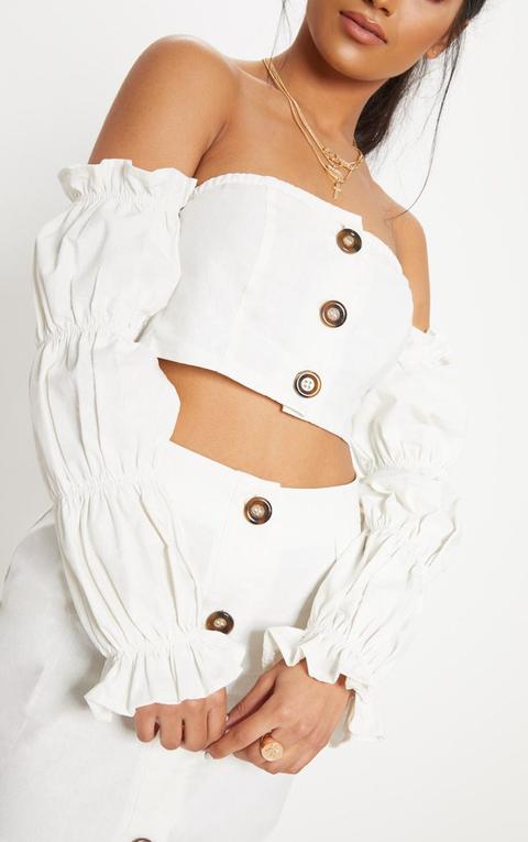 White Cotton Button Detail Puff Sleeve Shirt