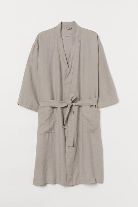 Washed Linen Dressing Gown - Brown