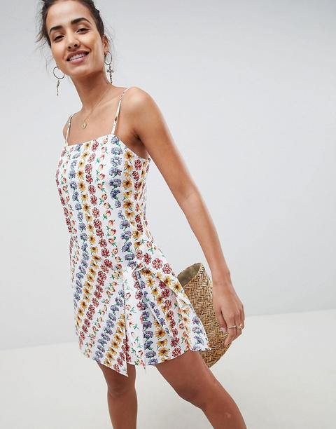 Asos Design Square Neck Wrap Front Mini Sundress In Linear Floral