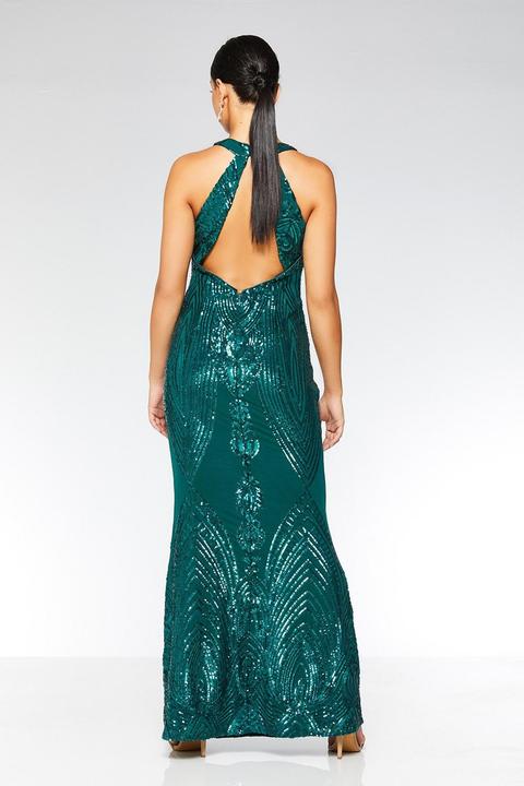 bottle green sequin high neck fishtail maxi dress