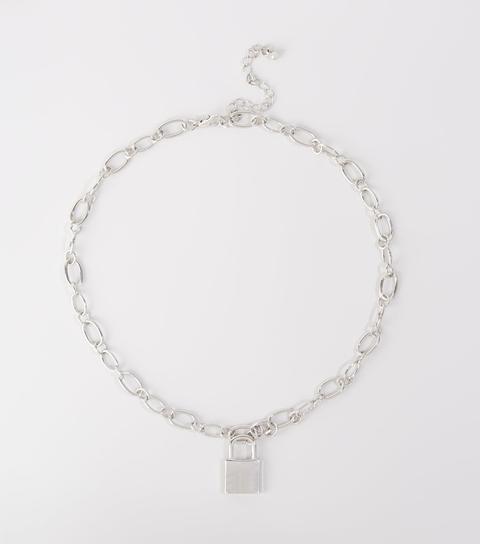 Silver Padlock Pendant Chunky Chain Necklace New Look