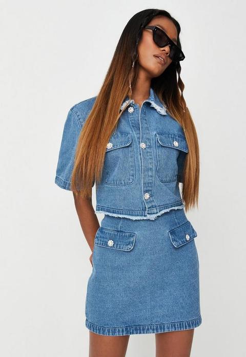 Blue Co Ord Jewel Button Pocket Denim Skirt, Blue