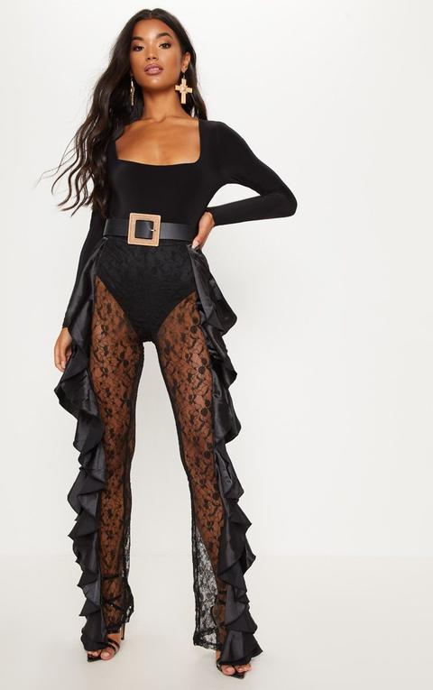 Black Lace Ruffle Detail Flare Leg Pants