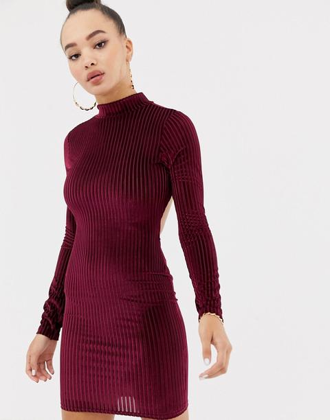 Missguided - Vestitino Bordeaux In Velluto A Coste Con Schiena Scoperta - Rosso