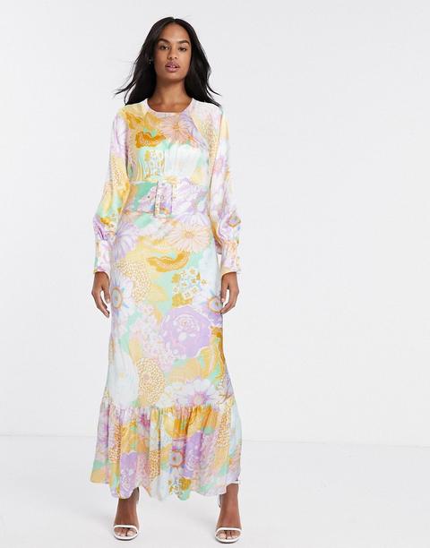 Vestido De Tarde Largo Con Cinturón, Manga Globo Y Estampado Floral De Asos Design-multicolor