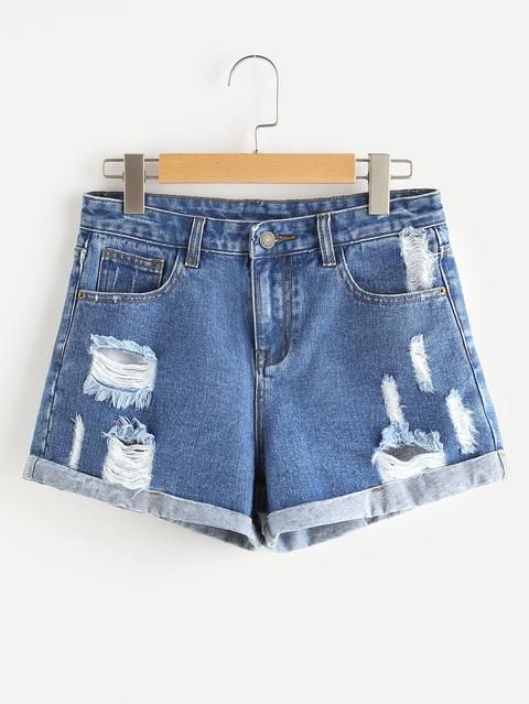 Cuffed Ripped Denim Shorts