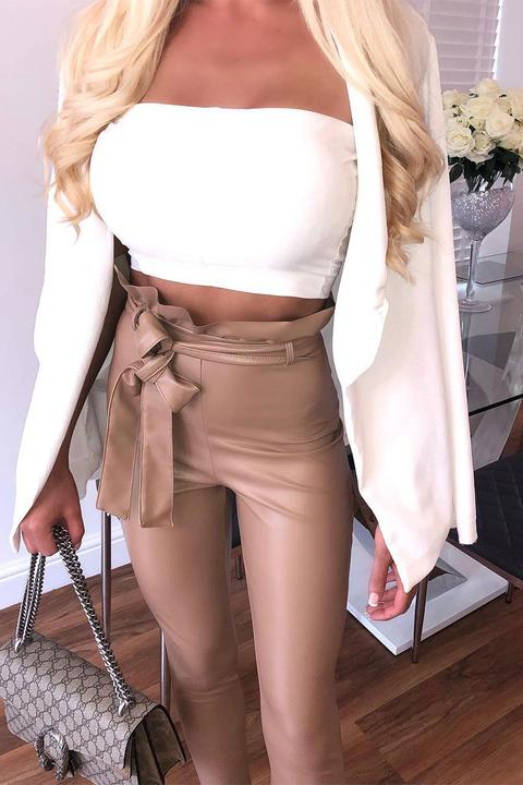 Nude Faux Leather Belted Paperbag 