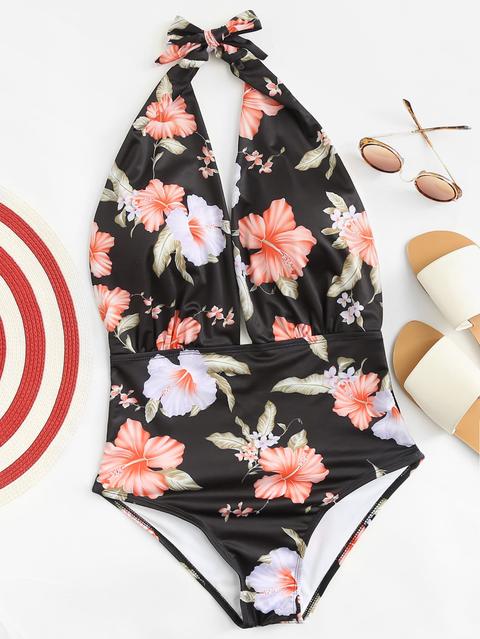 Flower Print Open Back Swimsuit