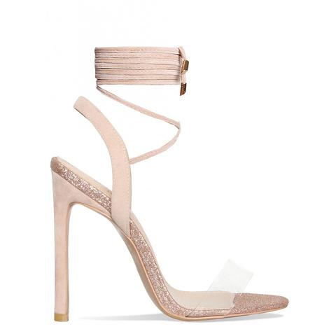 Ella Nude Suede Glitter Clear Lace Up Heels