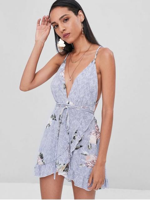 Mini Vestido Con Volantes De Flores De Criss Cross Deep Blue Cherry Red