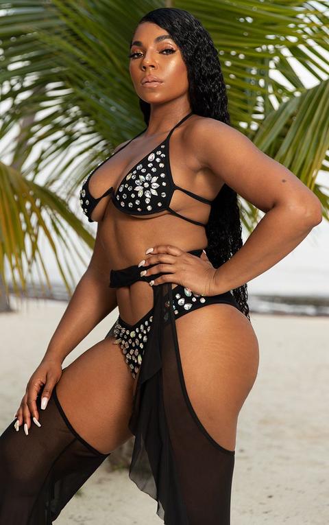 Haut De Bikini Noir À Armature En V Et Bijoux, Noir