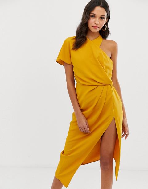 Vestido Midi Con Detalle Drapeado Y Cuello Asimétrico De Asos Design-amarillo