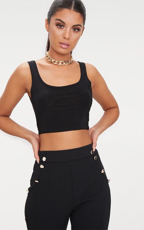 Black Scoop Neck Slinky Crop Top, Black