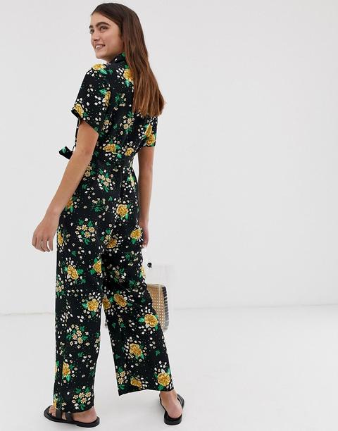 Monki Floral Print Tie Waist Jumpsuit In Black from ASOS on 21 Buttons