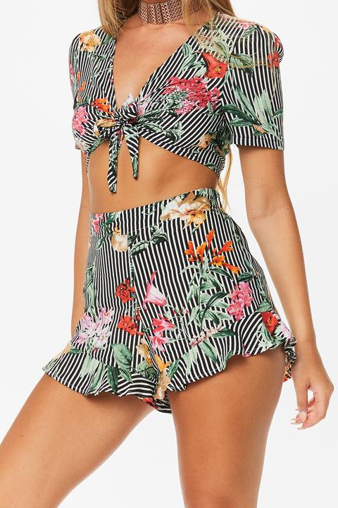 Eleanor Multi Striped Print Frill Hem Shorts