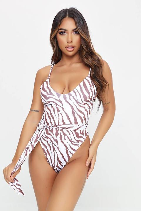 White And Brown Zebra Belted Swimsuit