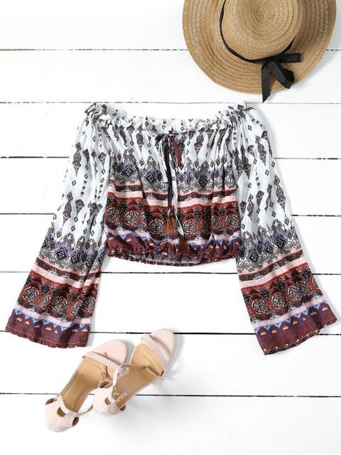 Tribal Print Off The Shoulder Cropped Blouse