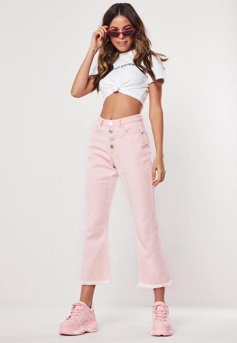 Pink Denim Cropped Kickflare Jeans, Pink