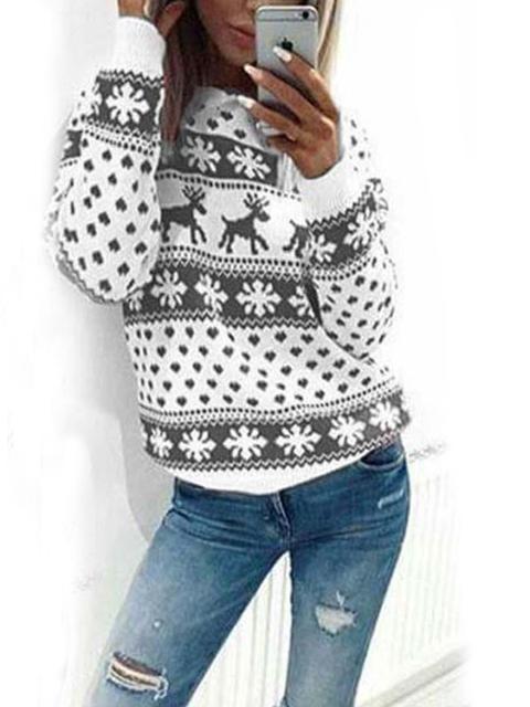 Maglione Fiocco Di Neve Floreale Renne Di Natale Girocollo Manica Lunga Carino Grigio