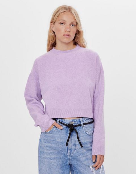 Bershka - Pull Ras De Cou En Maille Compacte - Lilas Chiné-violet