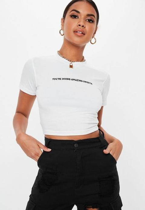 White Embroidered Slogan Crop Top, White