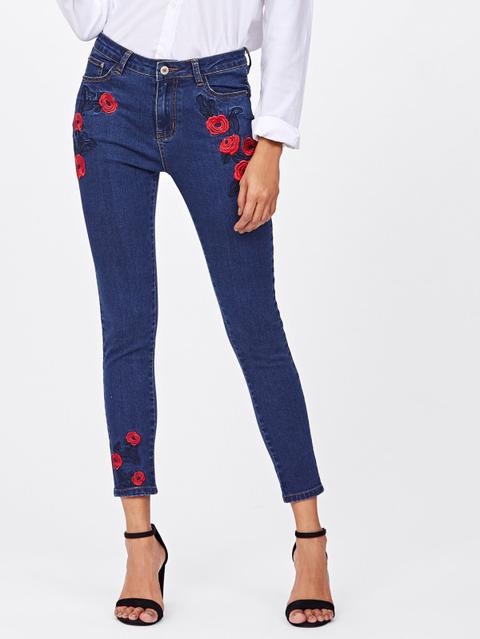 Pantaloni Di Jeans Con Ricamo Di Rosa