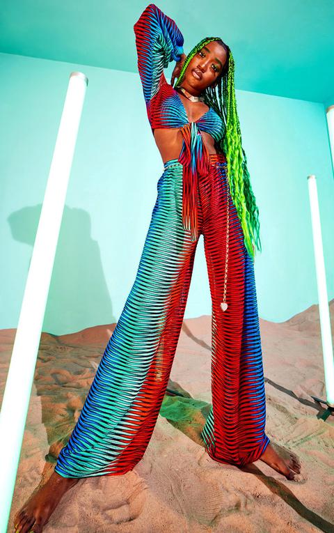 Multi Laser Cut Striped Beach Wide Leg Trousers