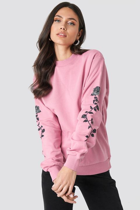 Rose Embroidery Sleeve Sweater Pink