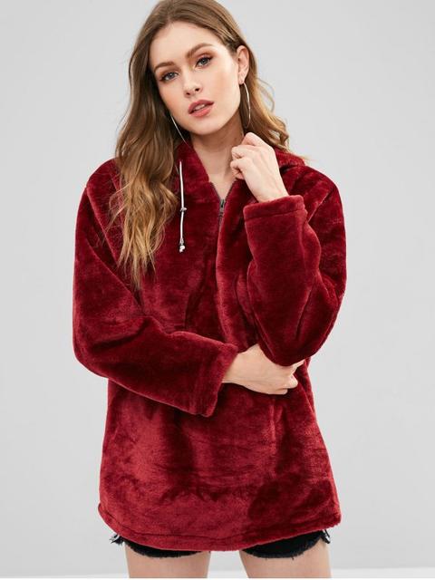 Zipped Long Faux Fur Hoodie