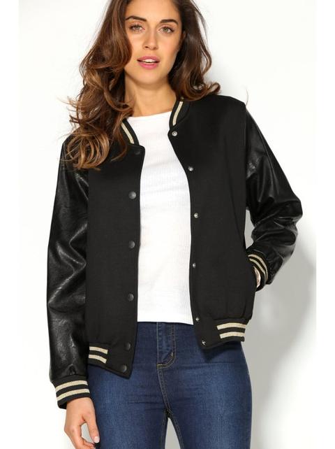 Bomber Mujer Neopreno Con Automáticos Símil Piel Negro S