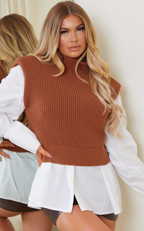 Rust Chunky Knitted Shoulder Pad Sleeveless Jumper